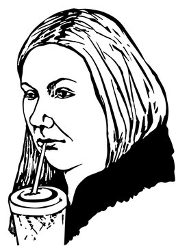A young woman with long hair, wearing dark clothes, drinking coffee from a glass through a straw