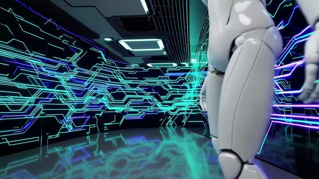White robot interacting with digital data wall in server room.