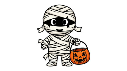 Cute Mummy with a pumpkin: A cheerful cartoon mummy, wrapped in bandages, holds a jack-o'-lantern basket, embodying the joy and playful spirit of Halloween. 