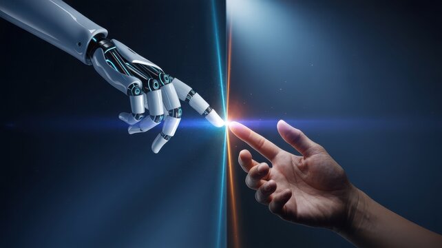 Robot and human hands touching artificial intelligence and humanity concept futur