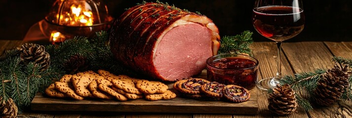A festive Christmas table spread with roast ham, gingerbread cookies, and mulled wine