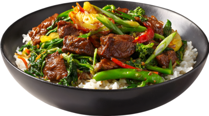 Close up of beef stir fry with vegetables and rice served in a black bowl on a transparent background. Perfect for food, Asian cuisine, and nutrition related projects.