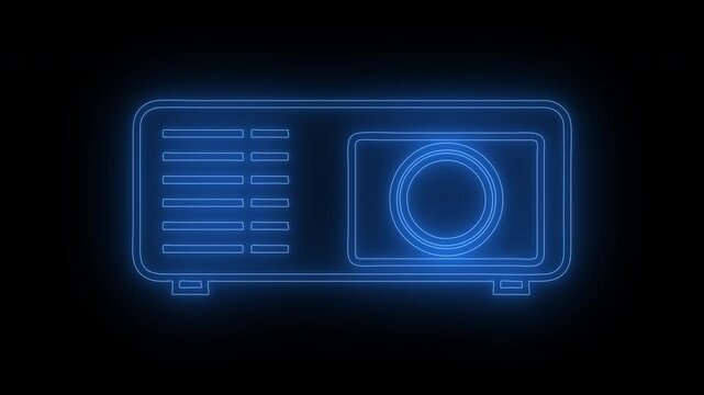 Neon projector icon glowing black background. 4K animation