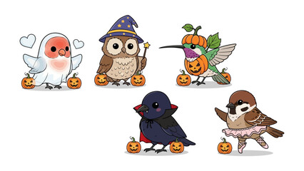 Halloween bird assortment: A delightful array of whimsical cartoon birds, each adorned in charming Halloween costumes, gathered together, capturing the festive spirit.