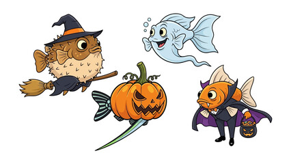 Halloween Fish Costume: A quartet of creatively dressed fish embodies the playful spirit of Halloween, each adorned in unique festive attire, set against an inviting background.