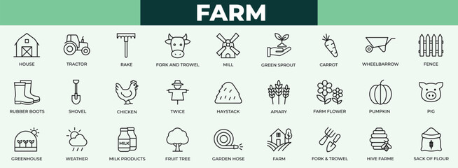 Farm modern line icons set featuring crops, tools,  research, chart, science, graph, innovation, sustainable, wellness, and agriculture elements for farming,  and rural design projects.