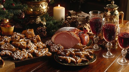 A festive Christmas table spread with roast ham, gingerbread cookies, and mulled wine