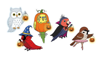 Halloween Birds: A whimsical illustration of adorable birds in Halloween costumes, holding festive pumpkin lanterns, ready to trick-or-treat. 