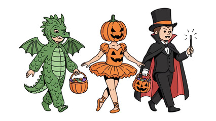 Halloween Costumes: A trio of children, each adorned in a unique and enchanting Halloween costume, are carrying treat baskets, ready for trick-or-treating and fun.