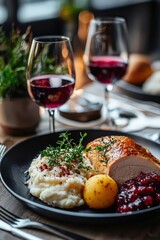 A festive dinner table with roasted turkey, mashed potatoes, cranberry sauce, and glasses of wine