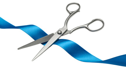 Scissors cutting blue ribbon signifying grand opening or new beginning