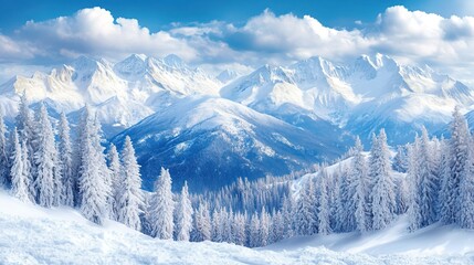 Obraz premium Snow - covered Mountain Range with Frost - laden Pine Trees under a Blue Sky