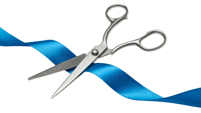 Scissors cutting blue ribbon signifying grand opening or new beginning