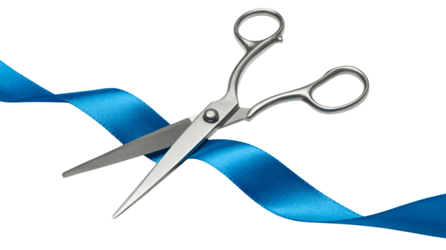 Scissors cutting blue ribbon signifying grand opening or new beginning