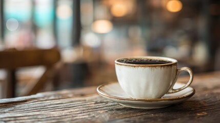 Fototapeta premium A steaming cup of coffee sits on a rustic wooden table. Soft lighting creates a warm ambiance in the cafe perfect for relaxation or conversation.