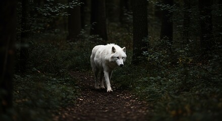 White wolf walking through a dark forest with dense trees and shadows