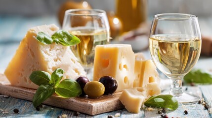 A rustic wooden table displays an assortment of cheese alongside two glasses of white wine. Fresh basil and olives complement the tasty spread creating a delightful atmosphere.