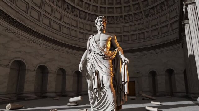 3D animation of Aristotle statue with cinematic glowing marble effect.