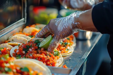 A food truck scene with tacos being served, with toppings like spicy salsa, cilantro, and lime