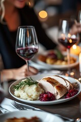 A festive dinner table with roasted turkey, mashed potatoes, cranberry sauce, and glasses of wine