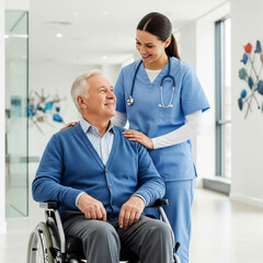 Obraz premium Senior man sitting in a wheelchair with a nurse standing beside him, smiling and providing support.