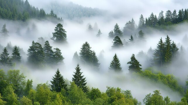 Misty Forest Landscape with Rolling Hills and Dense Trees