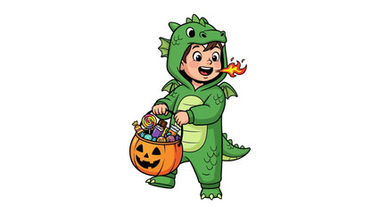 Spooky Dragon's Harvest: A joyous child in a whimsical dragon costume, smiles brightly while clutching a pumpkin-shaped treat basket. He happily embarks on his thrilling Halloween journey.