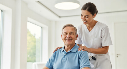 Fototapeta premium Senior man sitting in a wheelchair with a nurse standing beside him, smiling and providing support.