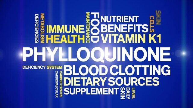 Phylloquinone Vitamin K1 animated word cloud-text design animation tag kinetic typography seamless loop.