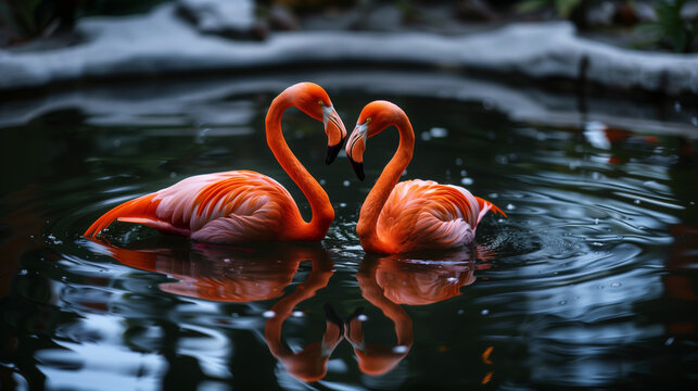 Love Birds. Pink flamingos making a heart shape in reflection pond - Powered by Adobe