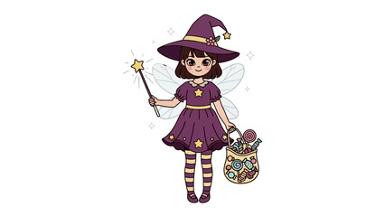 Enchanting Witch Fairy: A whimsical illustration of a fairy witch, poised with a star-tipped wand, her dress adorned with stars, and a sack of treats in hand, ready to sprinkle magic. 