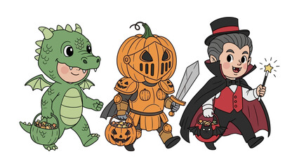 Happy Halloween: A trio of adorable Halloween characters—a friendly dragon, a knightly pumpkin, and a dapper vampire—parade joyfully, filled with candy.