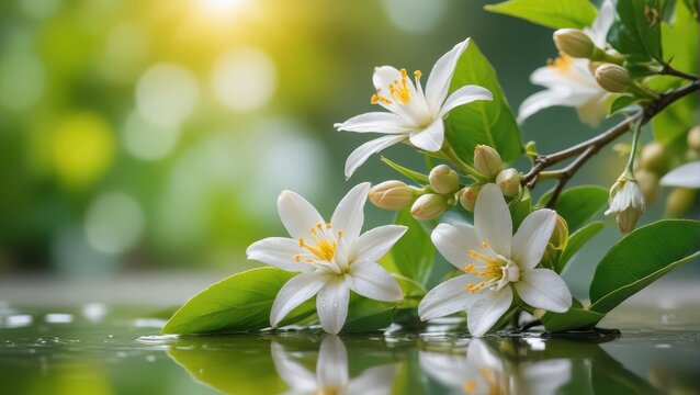 Close-up of neroli blossoms and leaves reflecting water droplets in a serene garden setting