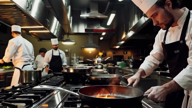 Chef preparing multiple dishes in busy kitchen with steam, fire, and teamwork.