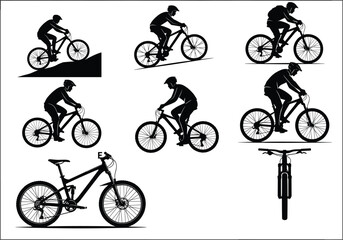 silhouette, biker, mountain, cycling, jump, downhill, uphill, vector, sport, trail, rider