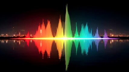 A vibrant, abstract scene featuring a spectrum of colors resembling sound waves reflected on water at night, with city lights in the distance - Powered by Adobe