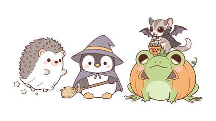 Enchanted Halloween Creatures Gathering: A whimsical scene featuring adorable, cartoonish Halloween creatures, each dressed in their unique costumes and ready for a night of trick-or-treating.