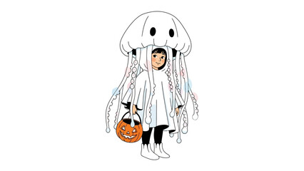 Jellyfish Costume Delight: A young child, beaming with innocent joy, dons an ethereal jellyfish costume for the spooky season.