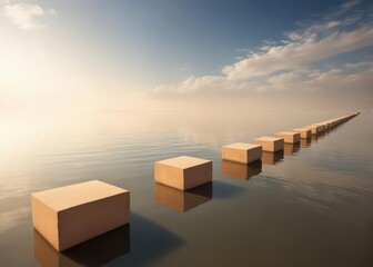 Abstract pathway of beige rectangular blocks floats over calm water
