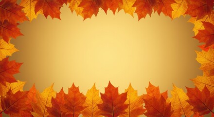 Fototapeta premium Autumnal Frame - Vibrant Maple Leaves Bordering Warm Golden Background.