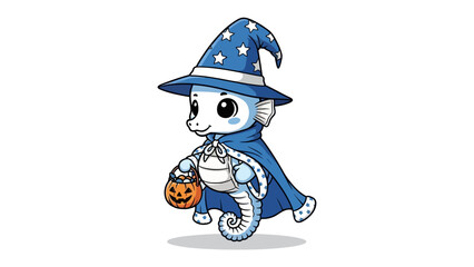 Whimsical Halloween Seahorse: A cute seahorse in a wizard costume, complete with a pointed hat and cape, trick-or-treats with a pumpkin candy bag, radiating joy and charm.