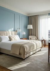 Fototapeta premium A modern, luxury hotel bedroom interior design concept for marketing design, sale promotion, or booking message overlay. Hospitality service living space for banner with empty space. 