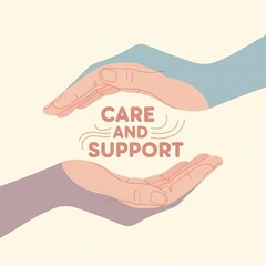 International Day of Care and Support illustration showing hands forming a protective shape around the text, symbolizing help and social welfare