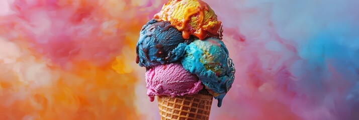 A waffle cone topped with multiple scoops of colorful, artisanal ice cream