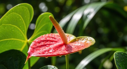 Red anthurium bloom with spadix, and green leaf, covered with water droplets