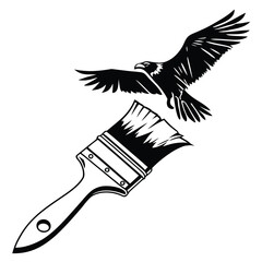 Black and white illustration of a paintbrush with a soaring eagle above it on a white background Keywords: paintbrush, paint brush, art, artist, painting, drawing, tool, craft, DIY, home