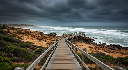 Obraz premium Wooden walkway leads to the ocean under a dramatic stormy sky