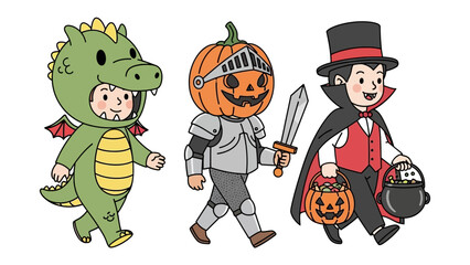 Costumed Companions: A trio of young children, adorned in enchanting costumes of a dragon, a pumpkin knight, and a vampire, embark on a whimsical Halloween journey.