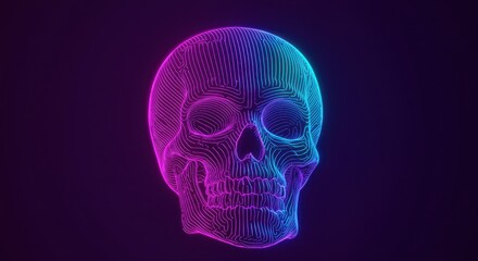 Cyberpunk Wireframe Skull with Gradient Pink and Blue Neon Light.
