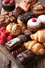 An assortment of French pastries on a rustic table, including croissants, pain au chocolat, and clairs